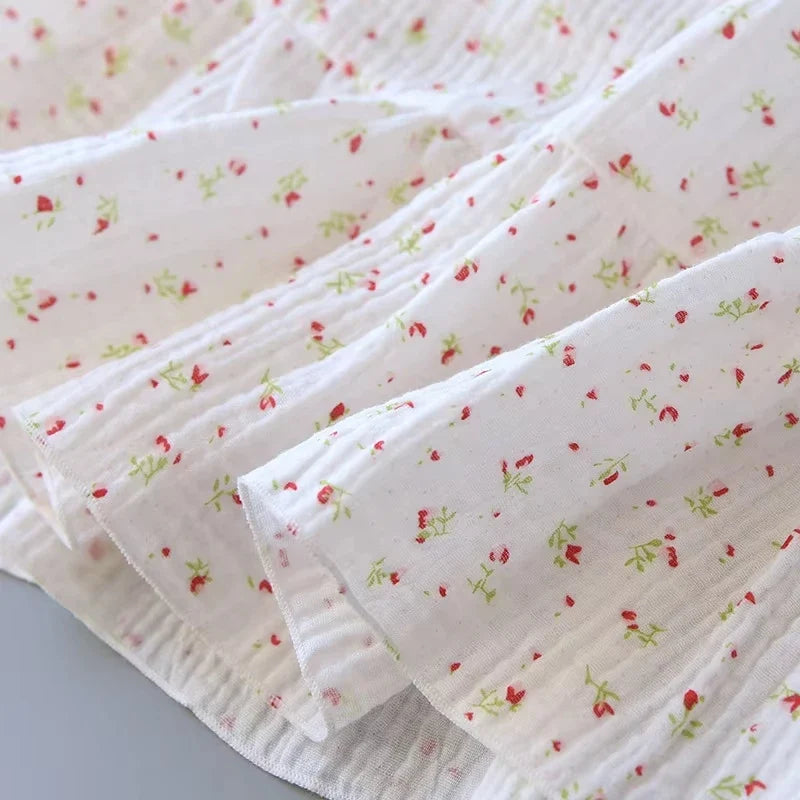 Women's 100% Cotton Crepe Gauze Nightgown Floral Sleeveless Spaghetti Strap Knee-Length Summer Home Sleep Dress M-XL