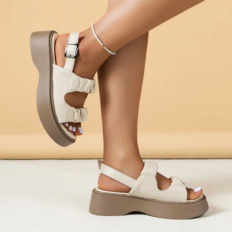 2026 Summer Open Toe Breathable Flat Bottom Comfortable Casual Women's Shoes Solid Color Buckle Fashion