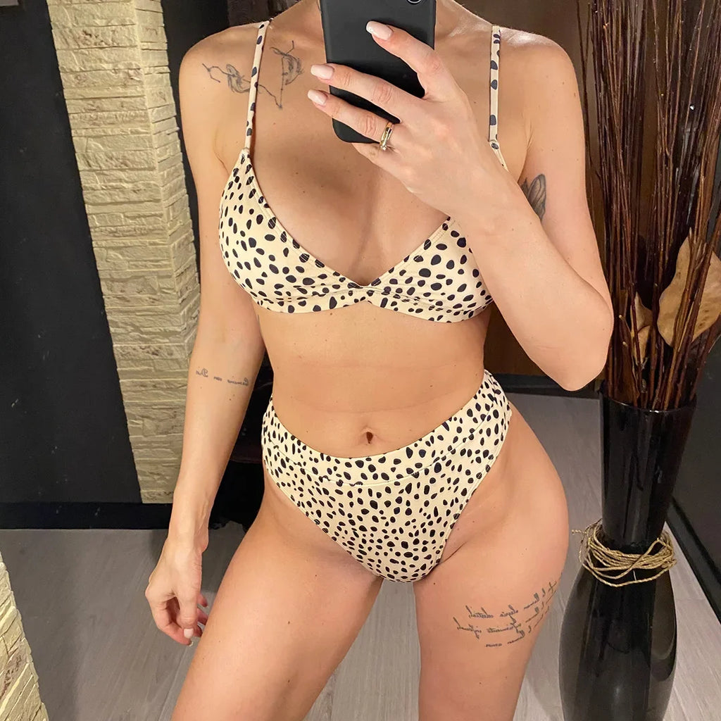 S - XXL Colorful Print High Waist Bikini Female Swimsuit Women Swimwear Three-Pieces Bikini Set Bather Bathing Suit Swim V2805