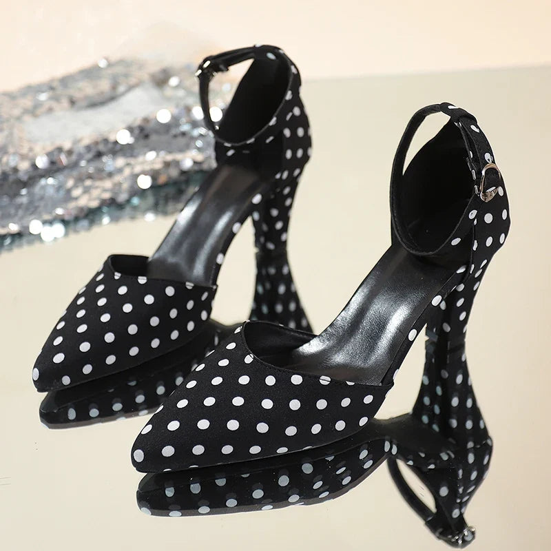 Fashion Polka Dot Ankle Buckle Pumps Women Plus Size 42 Pointed Toe High Heels Sandals Woman Elegant Thick Heel Party Shoes