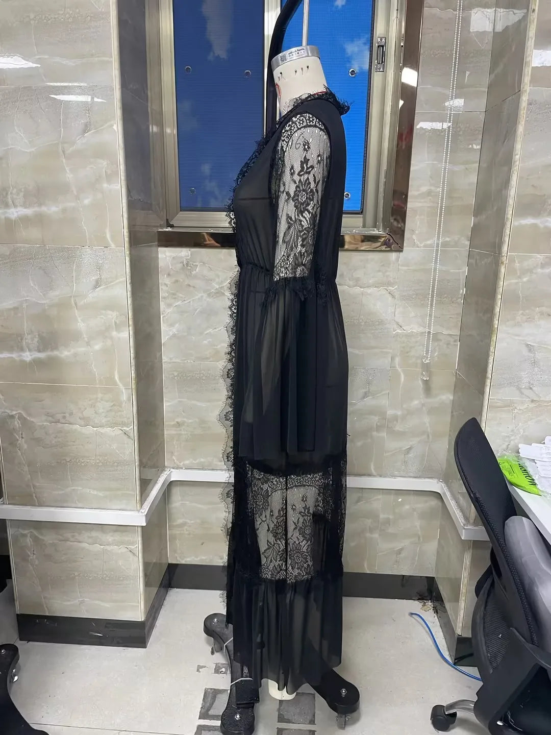 Women Black Sheer Lace Maxi Robe Bell Sleeve V Neck Ruffle Hem Mesh Loungewear Elegant Nightgown Cover Up for Ladies