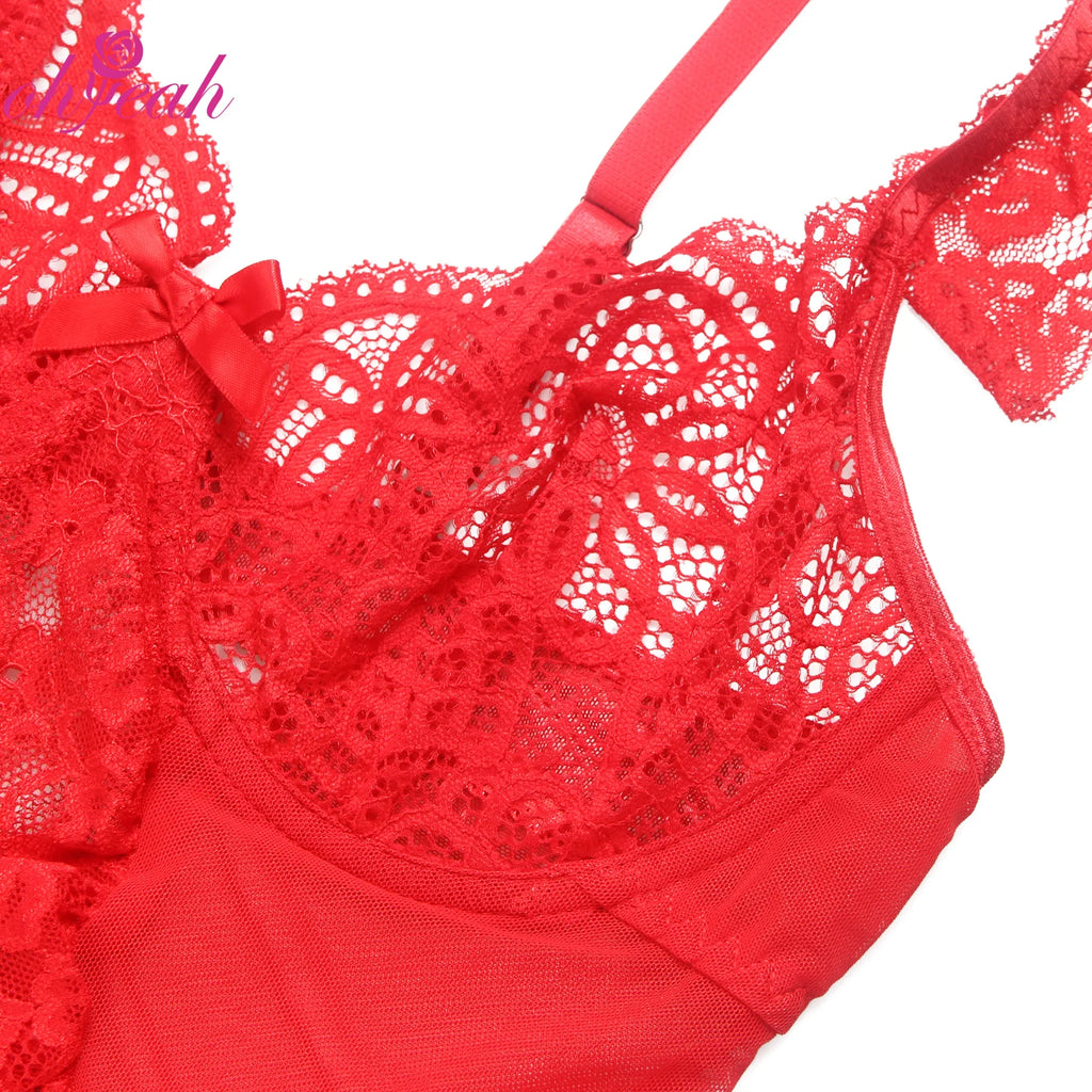 Plus Size Sheer Mesh Teddy Bodysuit for Women Sexy Lace Lingerie Set with Adjustable Garter Belt Curvy Nightwear Romantic Outfit