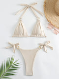 Micro Bikini Sexy Women Swimsuit 2024 Solid Beige Halter Ring Linked Push Up Mini Bikinis Summer Bathing Suit Thong Swimwear