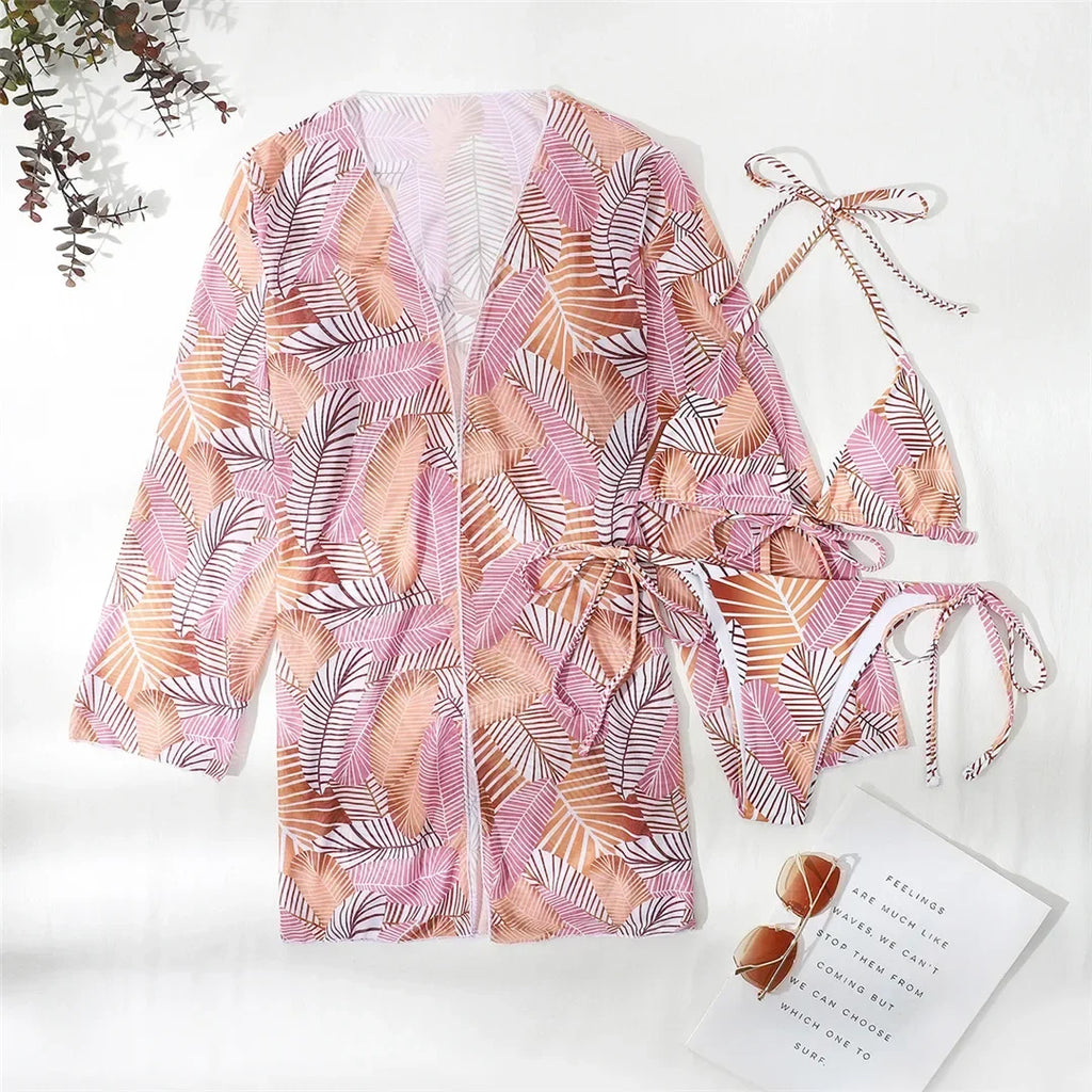With Cover Up Leaves Printed Bikini Women Swimwear Female Swimsuit Three-pieces Bikini Set Bather Bathing Suit Swim Beachwear