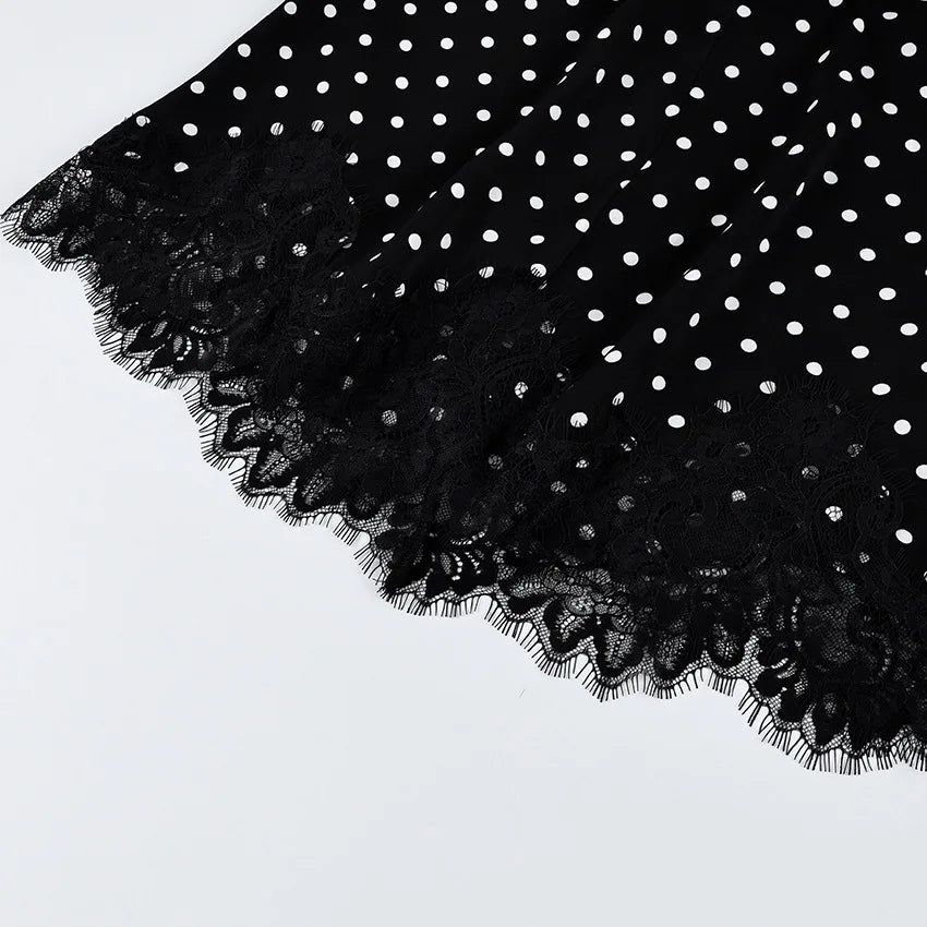 FDYOUI 2026 Woman Clothes Lace Patchwork Polka Dot Skirts Female Sexy Tight Short Skirt Black Party Night Club Dress Streetwear
