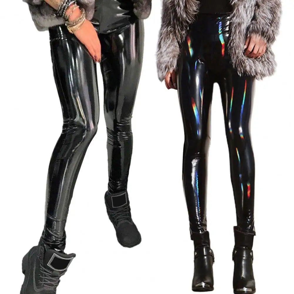 Sexy Nightclub Pants Women Faux Leather Pencil Pants Solid Color High Waist Mirror Surface Solid Color Shinny Slim Trousers
