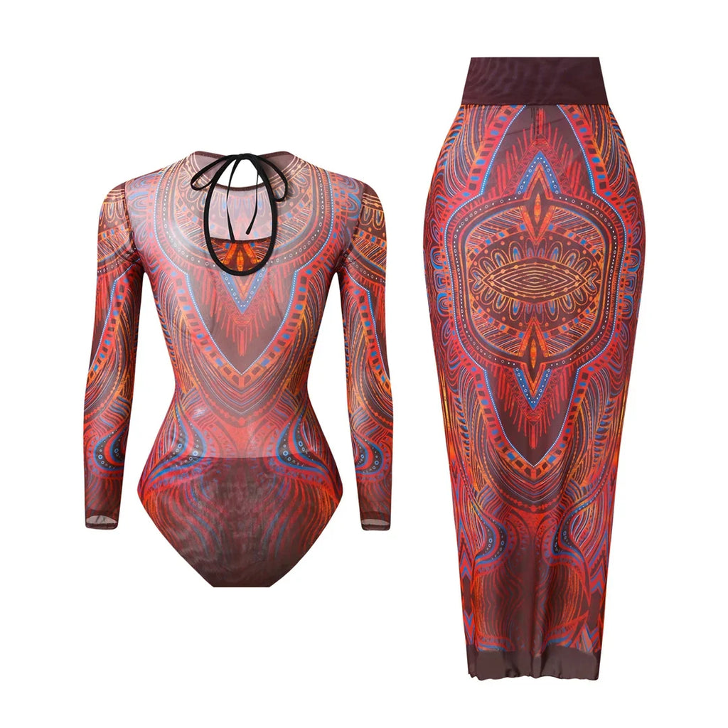 S - XXL Printed Long Sleeve With Sarong One Piece Swimsuit Women Swimwear Female Flowers Padded Bather Bathing Suit Swim K7181