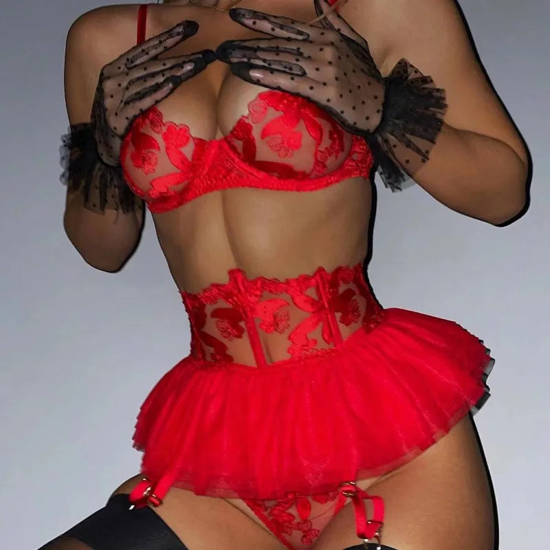 Toucheart 3 Piece Set Lingerie Garter Sets Lingerie For Woman Sexy Mini Skirt See-Through Embroidered Bra Erotic Underwear New