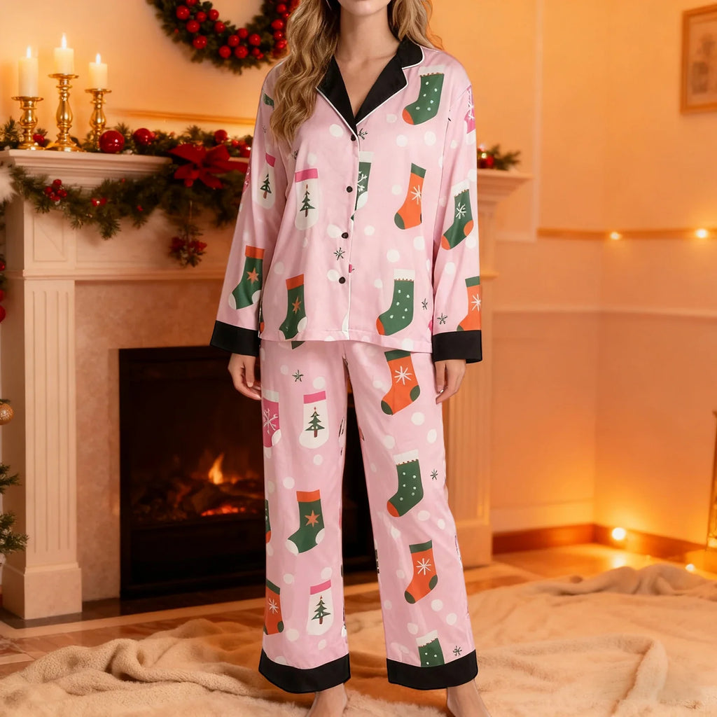 Women's Christmas Pajamas Set Long Sleeve V Neck Stocking Tree Print Tops and Pants Lounge Wear Two Pieces Suits
