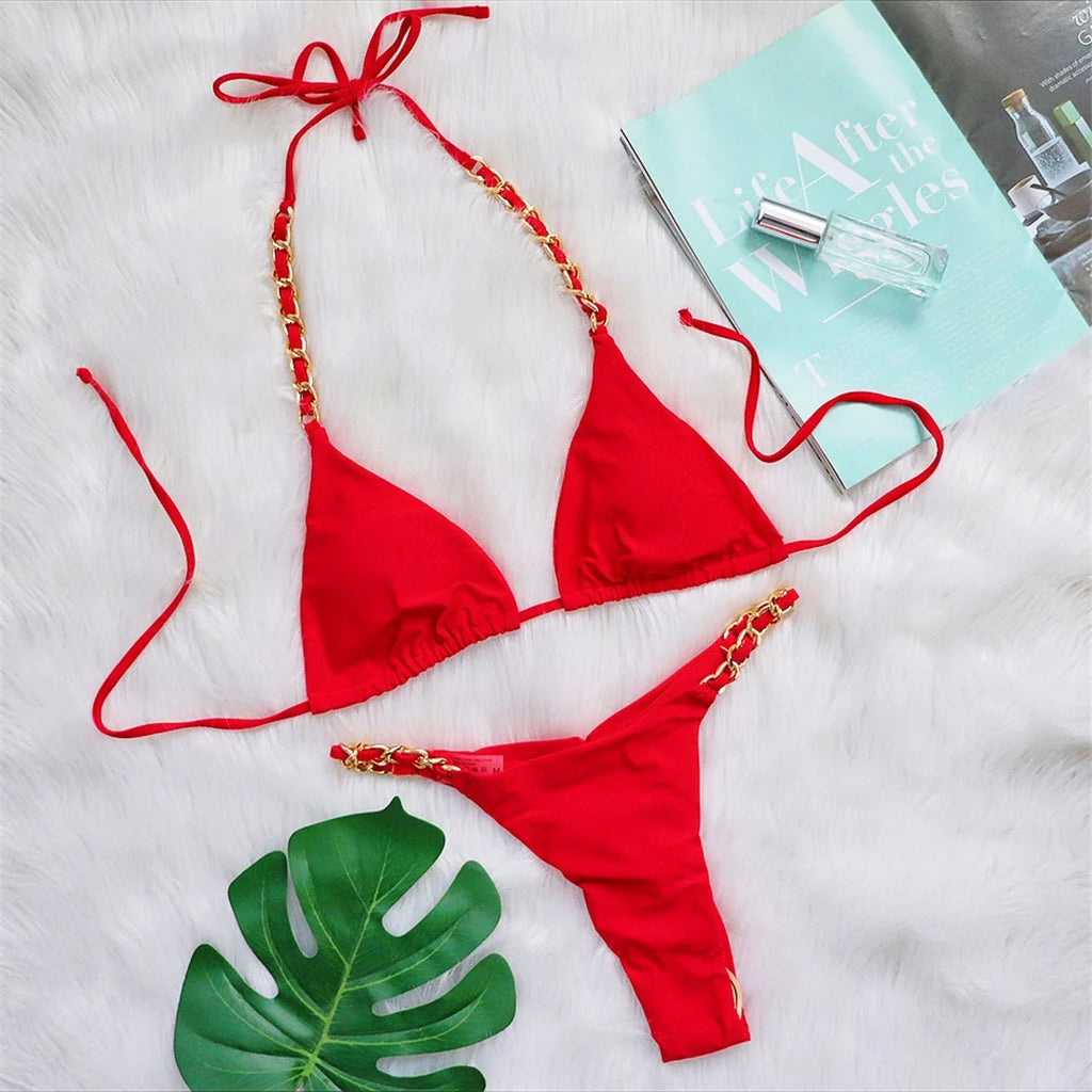Metal Ring Halter Scrunch Butt Thong Bikini Women Swimwear Female Swimsuit Two-Pieces Bikini Set Bather Bathing Suit Swim V4391