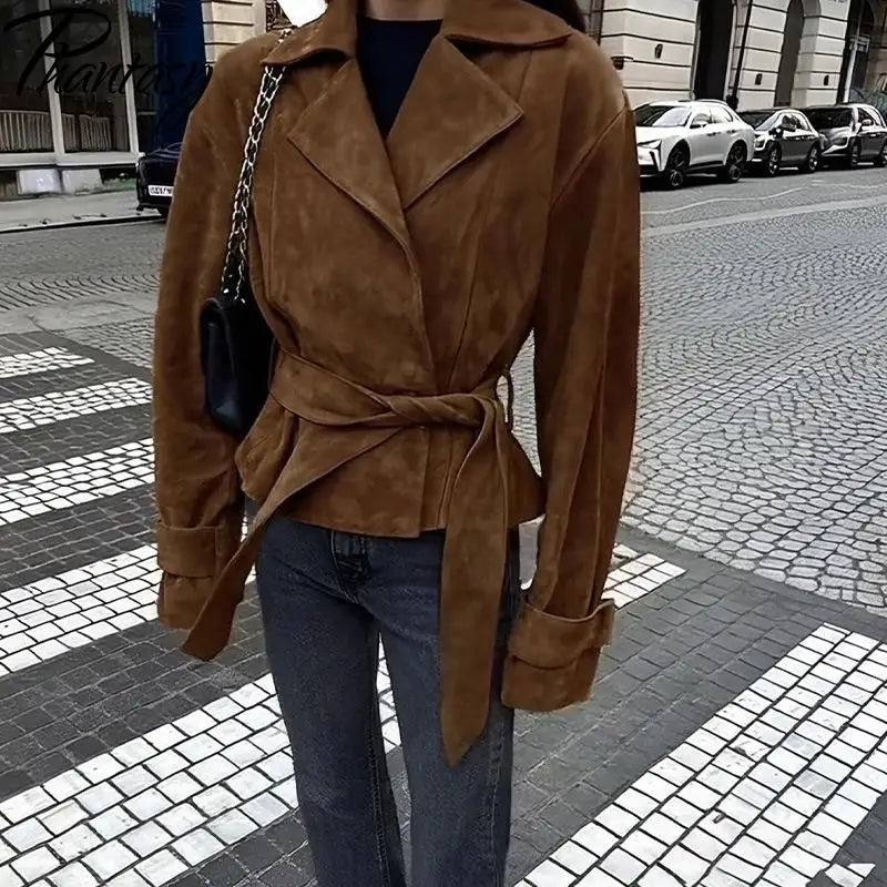 Phantasy Fashion Vintage Belt-Down Jacket Autumn Winter V-Neck Commuter Brown Suit Casual Style High-End Women's Clothing 2025