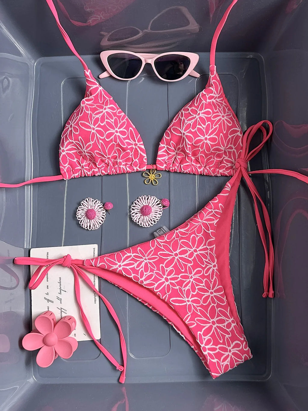 Sexy Mesh Flower Bikinis Sets Women Hot Pink Halter Push Up Bra Tie Side Swimsuit 2026 Beach Bathing Suit Holiday Micro Swimwear