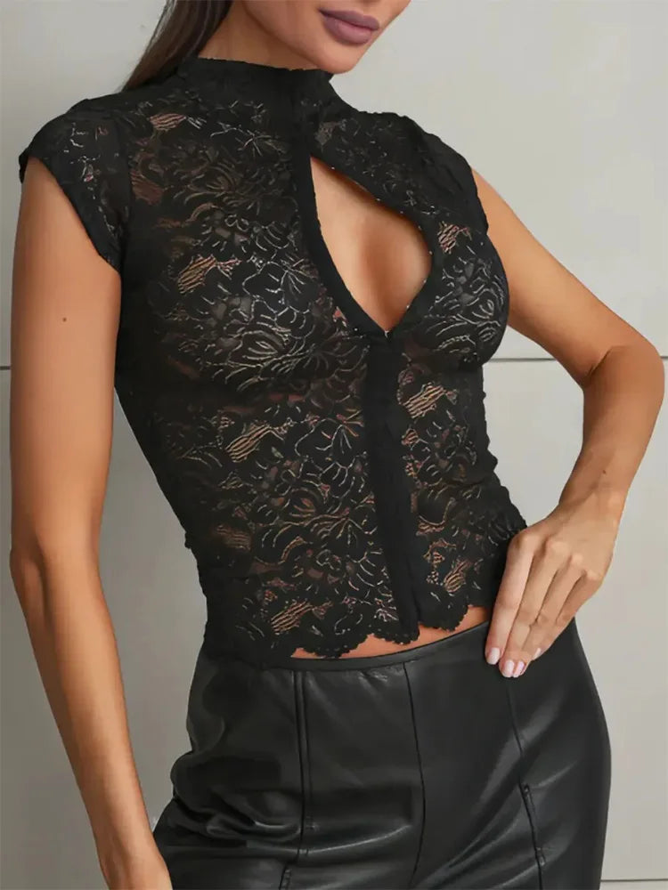 Ahagaga Summer Chic Lace Patchwork Tops Tees Sexy Sleeveless High Neck Hollow Out Slim Regular Elegant Club T-Shirt for Ladies