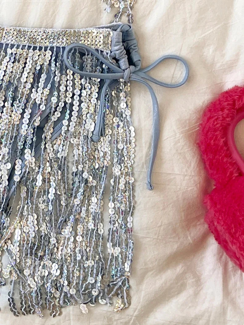 Shiny Glitter Bikini Set 2025 Women Sexy Bandeau Push Up Sequin Tassel Swimsuit Ladies Beach Bathing Suit High Waist Swimwear