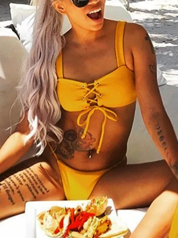2025 Micro Bikinis Ribbed Bikini Set Women Sexy Swimsuit Mujer Bandeau Bikinis Lace Up Stylish Bathing Suit Wide Straps Swimwear