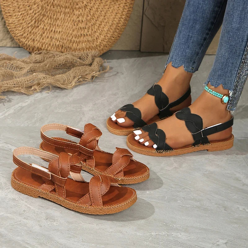 Summer Flats Rome Sandals for Women 2025 Woven Band Non Slip Beach Sandles Woman Plus Size 36-43 Back Strap Sandalias De Mujer