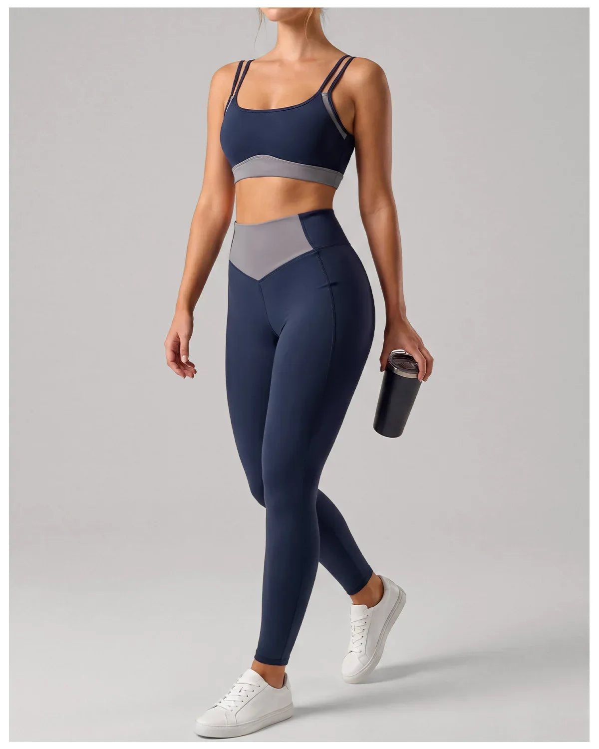 Summer Color-block Yoga Sets Women Thin Strap Open Back Shockproof Sports Bra Tight High Waist Leggings Training Fitness Suits