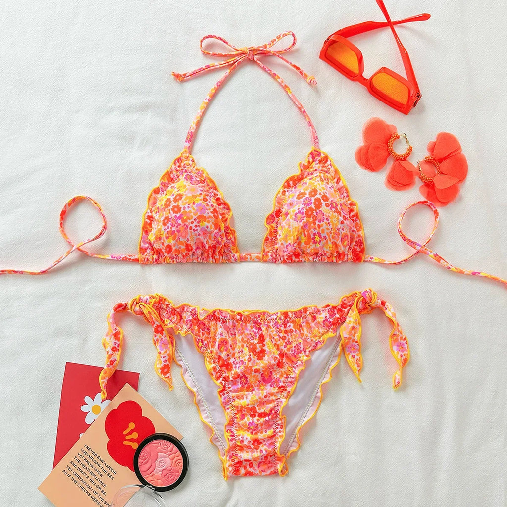 Cute Orange Floral Print Bikini Set Women Halter Ruffles Push Up Tie Side Thong Swimsuit 2026 Summer Bathing Suit Micro Swimwear