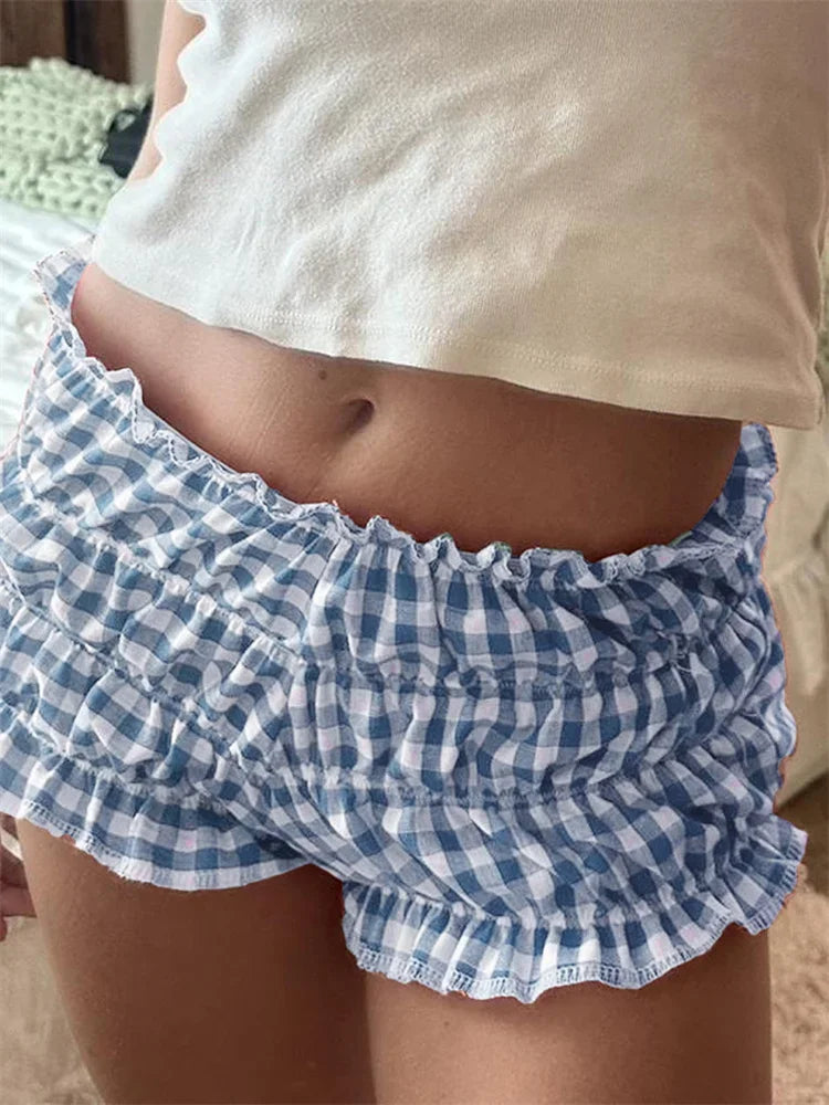 Women Summer Ruffle Shorts Casual Plaid Print Elastic Waist Short Pants for Beach Nightclub Bloomers Streetwear