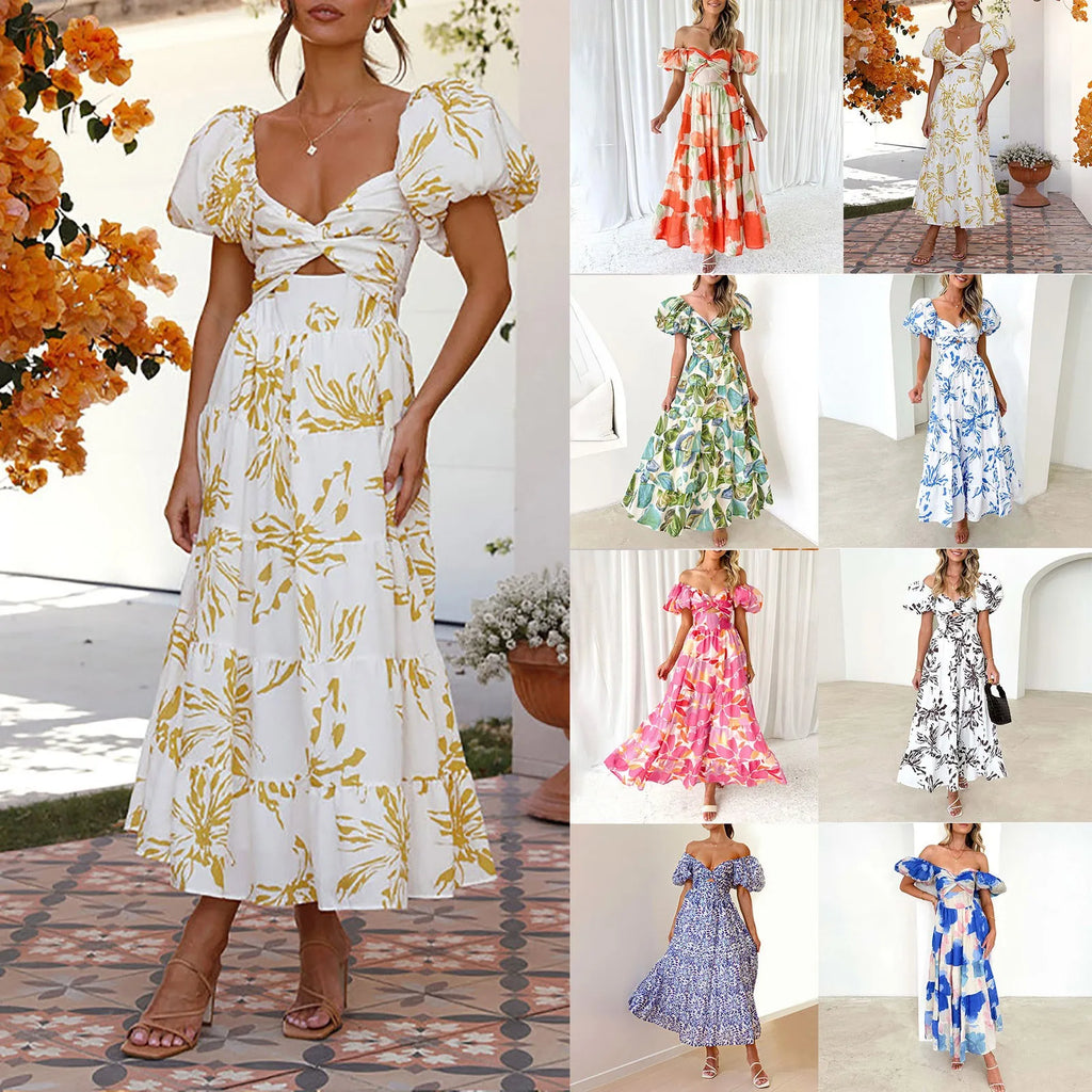 Sexy Dresses For Women Summer Trendy Boho Floral Printed Short Sleeve Vestido Seductive Off Shoulder Knee Length Dress For Woman