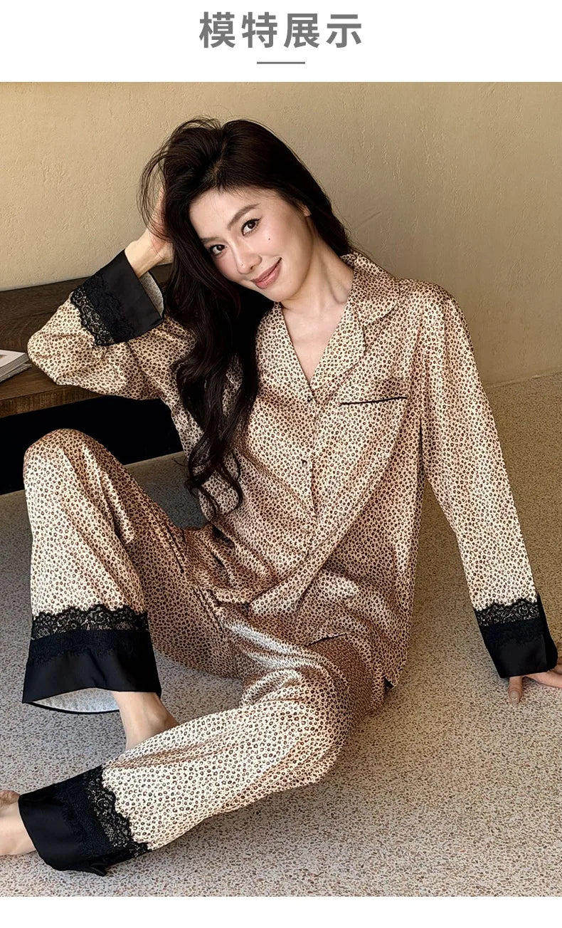 2026 Pajamas for Women Ice Silk Sexy Lace Small Leopard Print Long Sleeve Home Clothes Pajamas Set Can Be Weared Outside