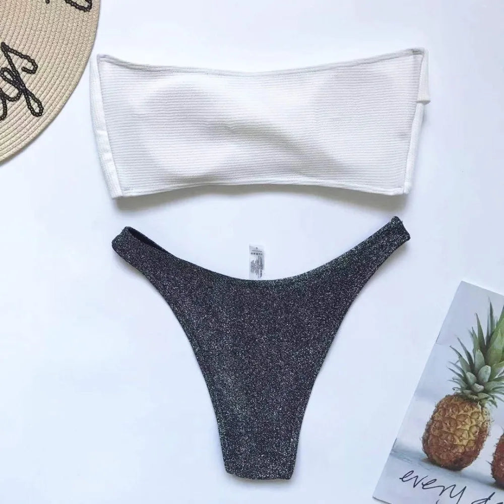 New Sexy Bandeau Shiny Glitter Bikini Women Swimwear Female Swimsuit Two-Pieces Bikini Set Bather Bathing Suit Swim Lady V1109