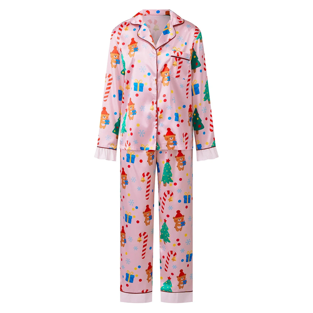 Women's Satin Christmas Pajama Sets Fashionable Printed Button Down Ruffle Tops with Pants 2 Pieces Soft Sleepwear