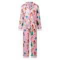 Women's Satin Christmas Pajama Sets Fashionable Printed Button Down Ruffle Tops with Pants 2 Pieces Soft Sleepwear
