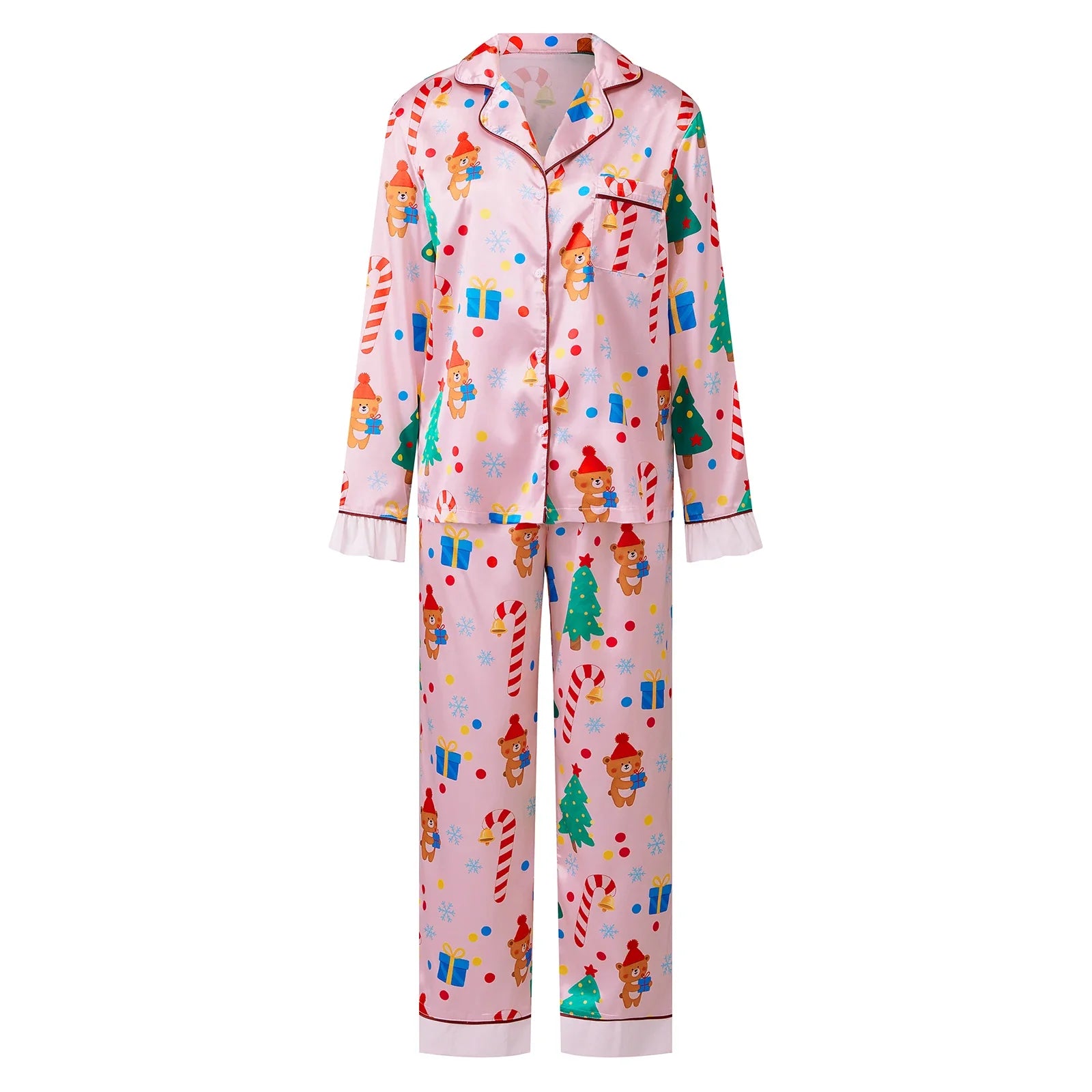 Women's Satin Christmas Pajama Sets Fashionable Printed Button Down Ruffle Tops with Pants 2 Pieces Soft Sleepwear