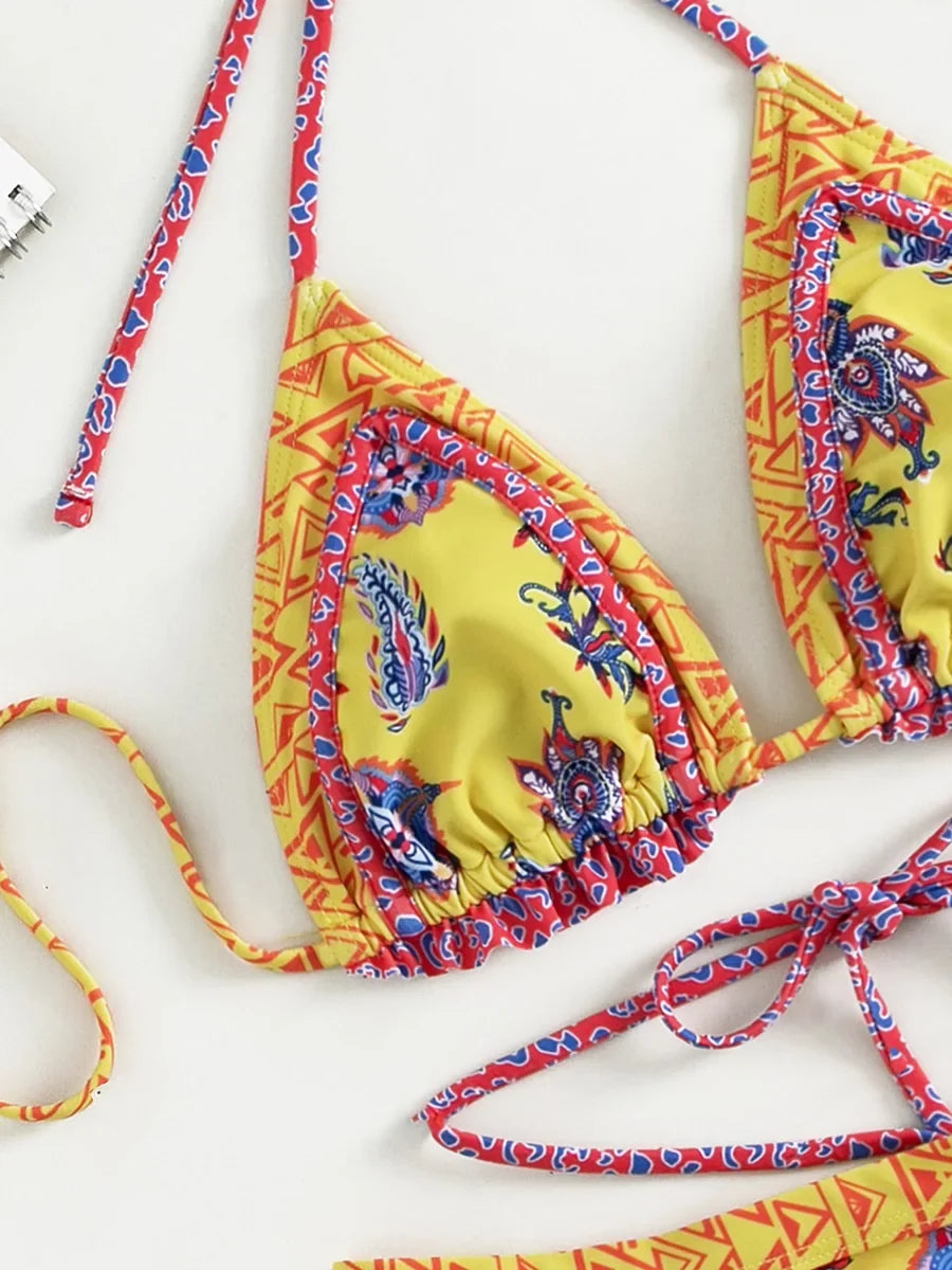 Floral Print Halter Ruffle Frilled Bikini Women Thong Swimwear Female Swimsuit Two-pieces Bikini Set Bathing Suit Swim Beachwear