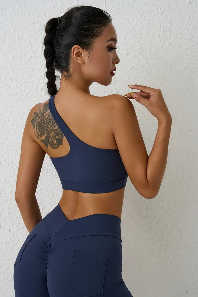 DIAS FIT JOY One-Shoulder Sexy Sports Bra Yoga Fitness Training Outwear with Detachable Beauty Back Design for Women