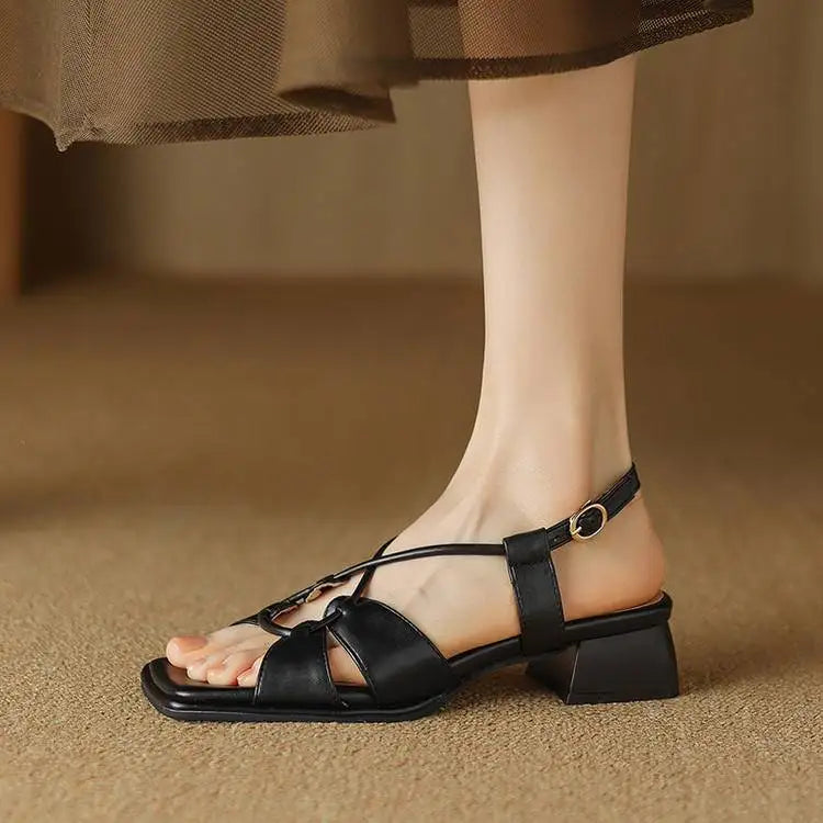 2026Summer New Model Fashion Middle Heeled Women's Sandals Black Buckle Open-toe Comfortable Hollow-out Women's Shoes High 3.5cm