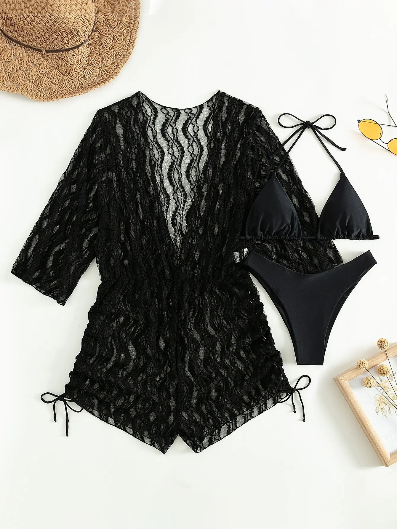 3 Pieces Bikini Tropical Print Swimsuit Halter Drawstring Side Swimwear Women 2026 Bathing Suit Female Swimming Summer Beachwear