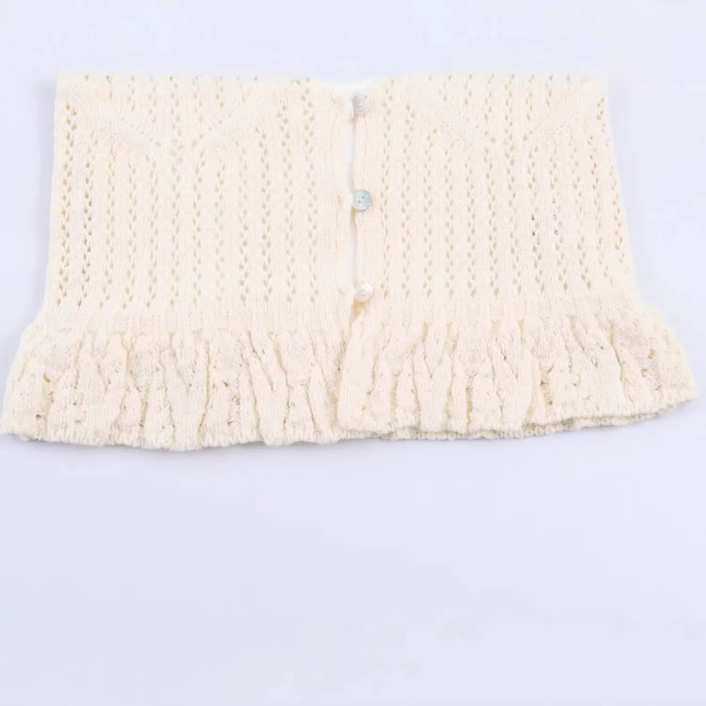 Fashion Casual Hollow-out Knitwear Women Cream White Crochet Knit V Neck Button Front Ruffle Hem Sleeveless Casual Crop Top 38V2