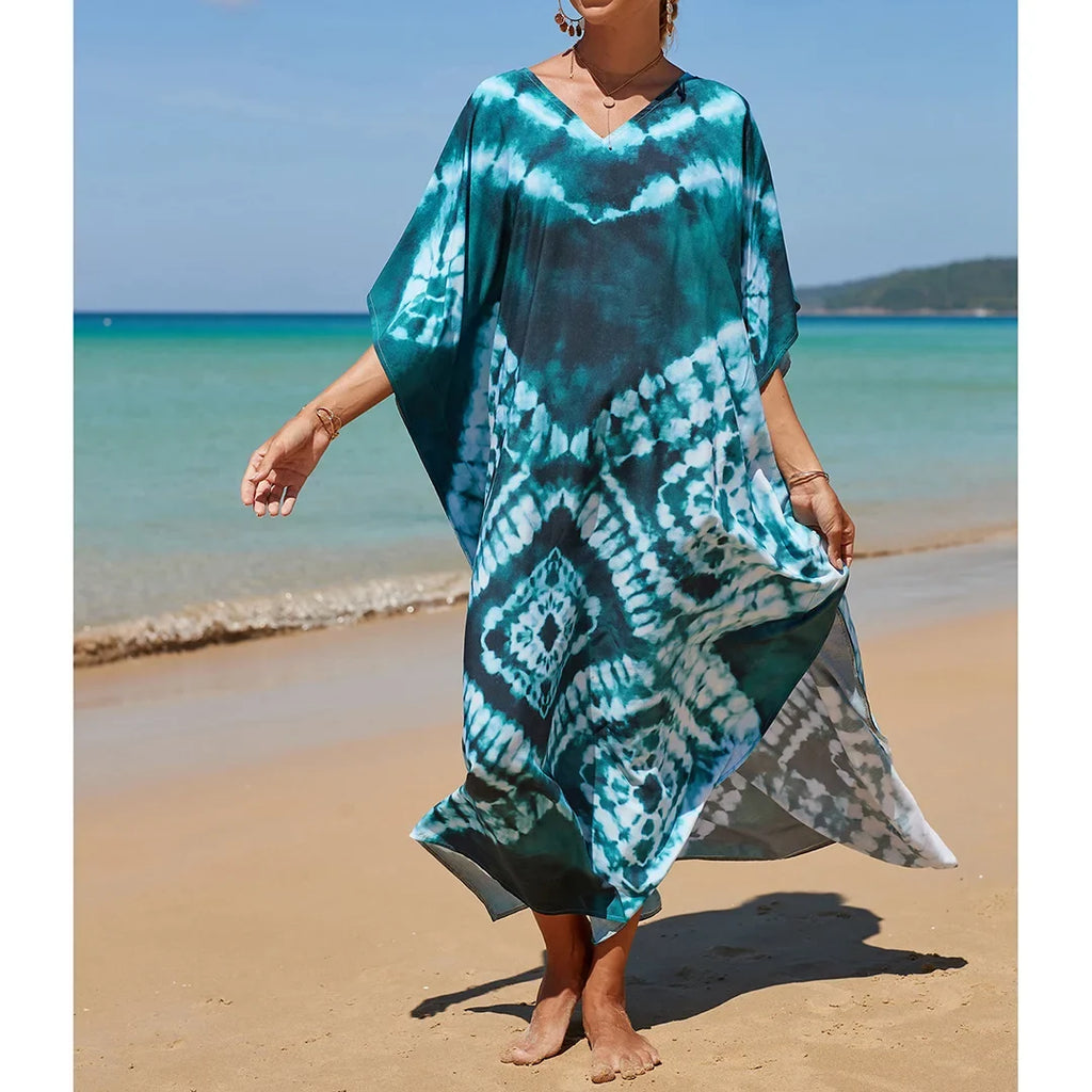 2026 New Colorful Kaftan Tunic Beach Dress Beach Wear Beachwear Beach Cover Up Cover-upsLoose Maxi Dress Female Women V4428