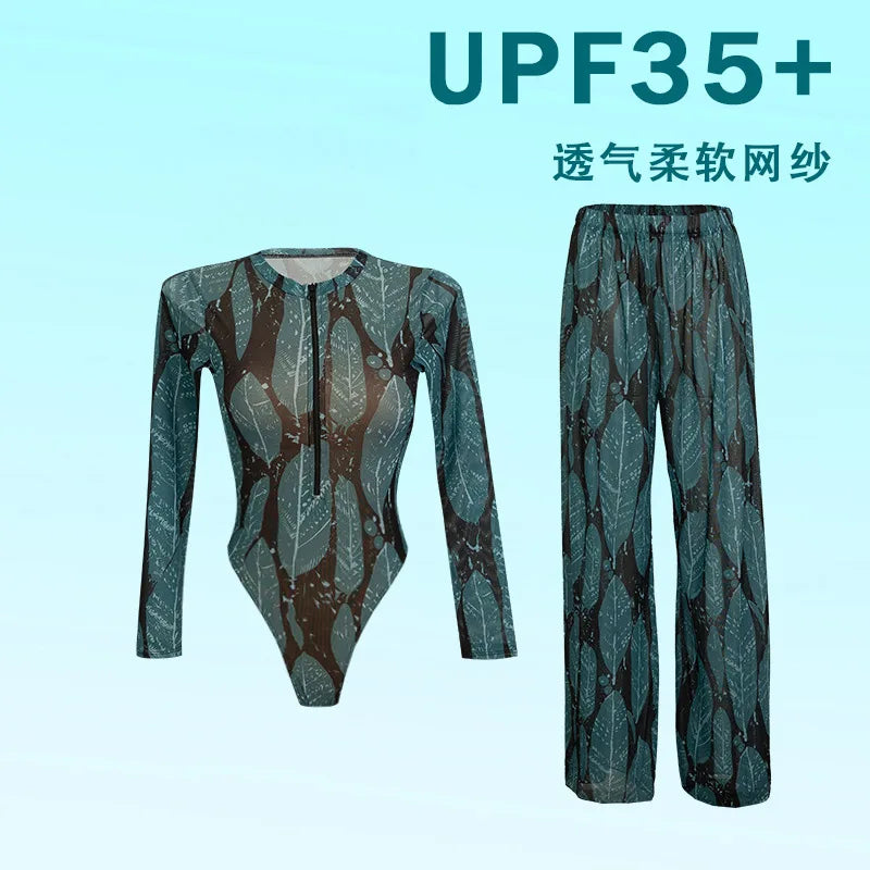 2026 Printed Long Sleeve with Long Pants Sexy One Piece Swimsuit Women Swimwear Female Flowers Padded Bather Bathing Suit Swim