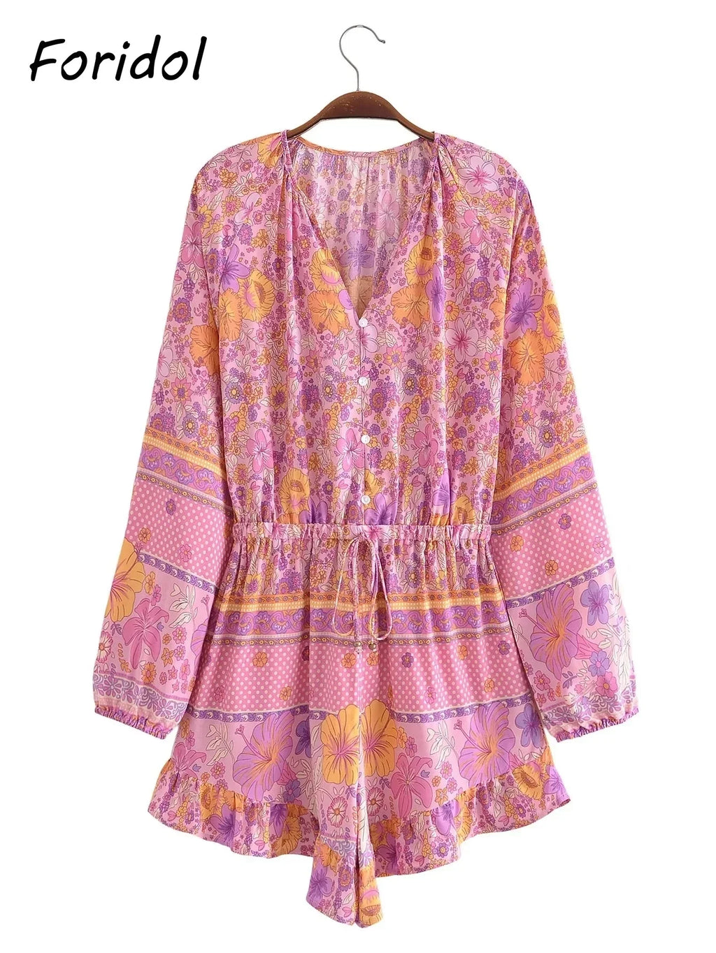 Long Sleeve Spring Summer Short Jumpsuit Women Printed Bohemian Wide Leg Playsuit Female Romper Ruffles Rayon Boho Overalls 2025