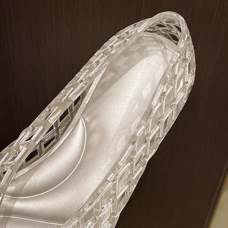 Women Crystal Jelly Shoes Girls Fashion Summer Flats Sandals V-mouth Slip-on Style Soft Sole Girls Daily Walking Driving Flats
