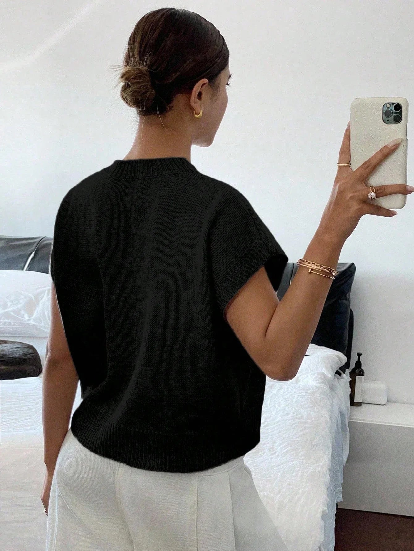 Women's Elegant Short Sleeve Knit Sweater Casual O-Neck Straight Dropped Shoulders Comfort Sweater Vest Spring/Fall
