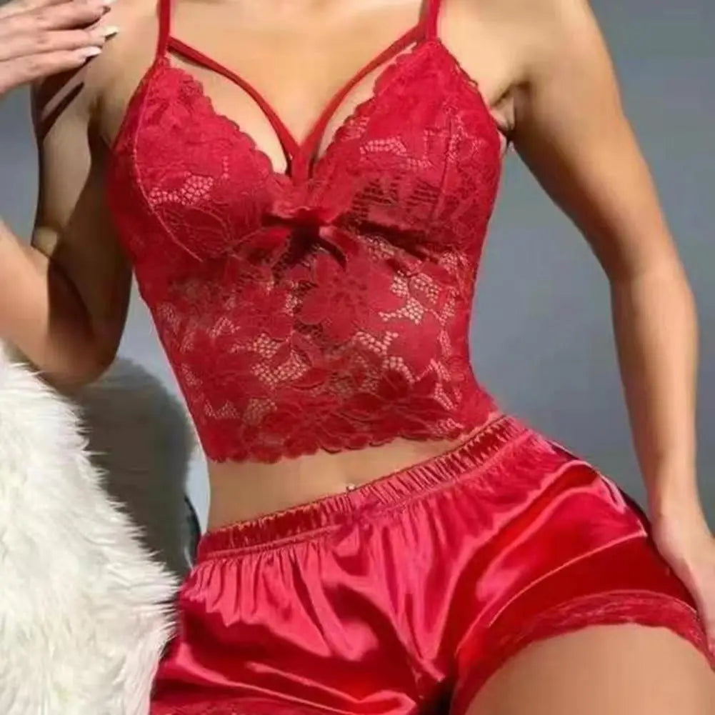 2 Pcs/Set Women Pajama Set Hollow Out Lace V Neck Sleeveless Crop Top High Waist Satin Shorts Anniversary Sleepwear Outfits