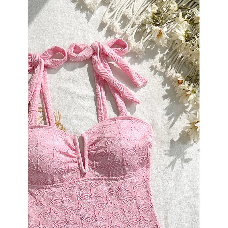 Vintage Pink Floral Print Swimwear Women 2026 Tie Strap V Neck Slim Tummy Control One Piece Swimsuit Beach Holiday Bathing Suits