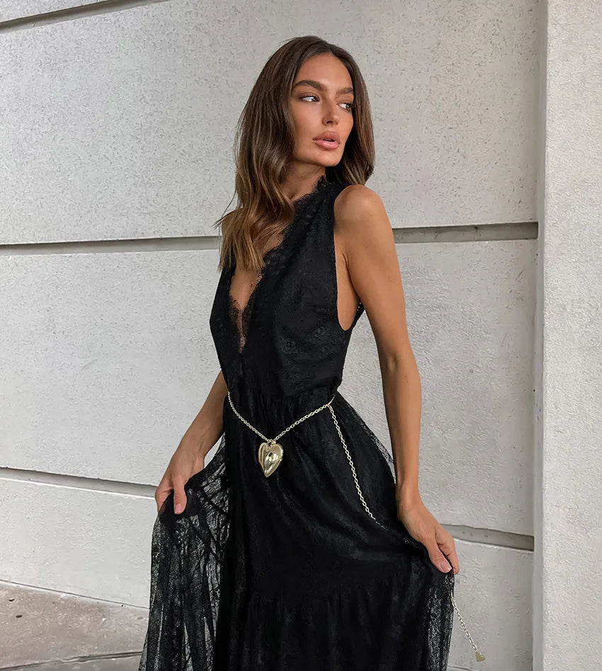 Sexy Deep V-neck Sleeveless Lace Dress Streetwear Women 2026 Backless Tunics A-line Party Dresses Long Maxi Robe Black White