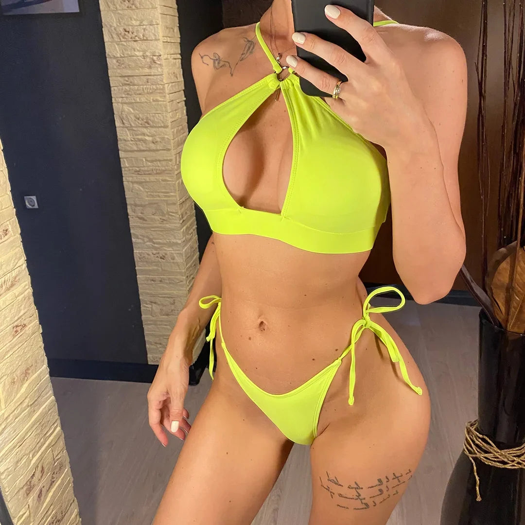 Cut Out Halter Bikini Female Swimsuit Women Swimwear Two-Pieces Bikini Set Padded Strappy Bather Bathing Suit Swim Lady V3423