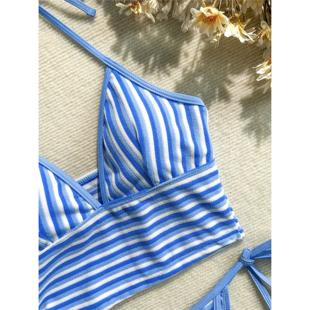 Striped Halter Tankini V Neck Bikini Women Swimwear Female Swimsuit Two-Pieces Bikini Set Padded Bather Bathing Suit Swim V8385