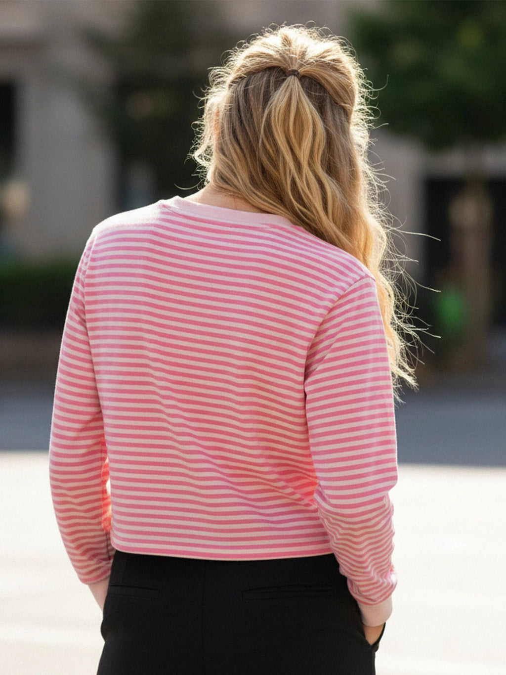 Spring Autumn Casual Loose Tops for Women Long Sleeve Round Neck Loose Fit Striped Print T-shirts