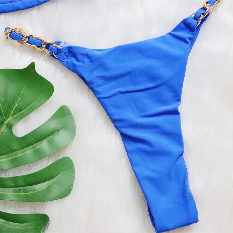 5 Colors Sexy Bikini Women Solid Swimwear Swimsuit Metal Chain Weave Straps Bikinis Set Bathing Suit Beach Bikini Female Thong
