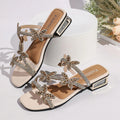 Luxury Crystal Butterfly Sandals for Women Summer Hollow Out Square Heels Sandals Woman Elegant Med Heel Party Shoes Plus Size