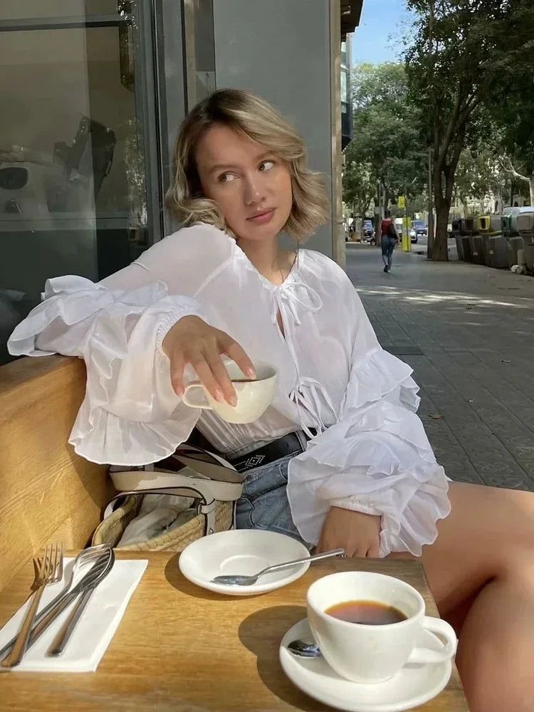 Foridol Tie Up Ruffles Lantern Sleeve White Blouse Women Spring Fashion Pelpum Top 2025 Summer O Neck Beach Casual Chic Blusa
