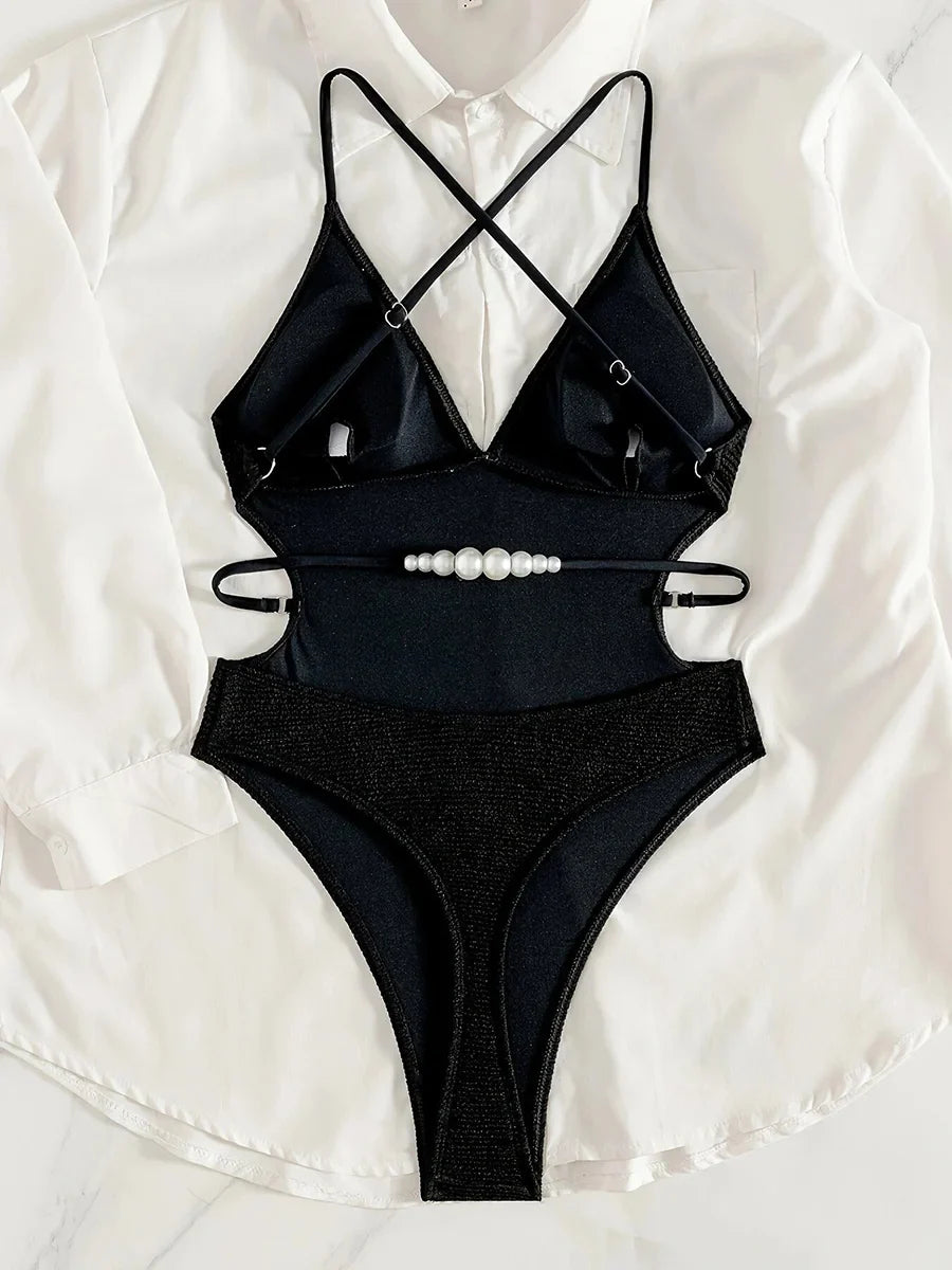 Cross Backless Ribbed V Neck One Piece Swimsuit Women Thong Swimwear Female Monokini High Cut Leg Bathing Suit Swim Bodysuit