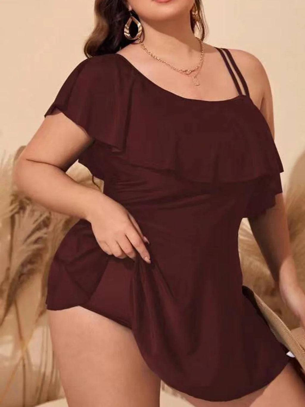 VigoJany 2026 Black Tankini Swimwear Women Plus Size Two Pieces Swimsuit Ladies Big One Shoulder Ruffle Tankini Bathing Suit